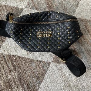 Versace Jeans Couture Fanny bag/bum bag. Black Leather Gold Studs Fannypack